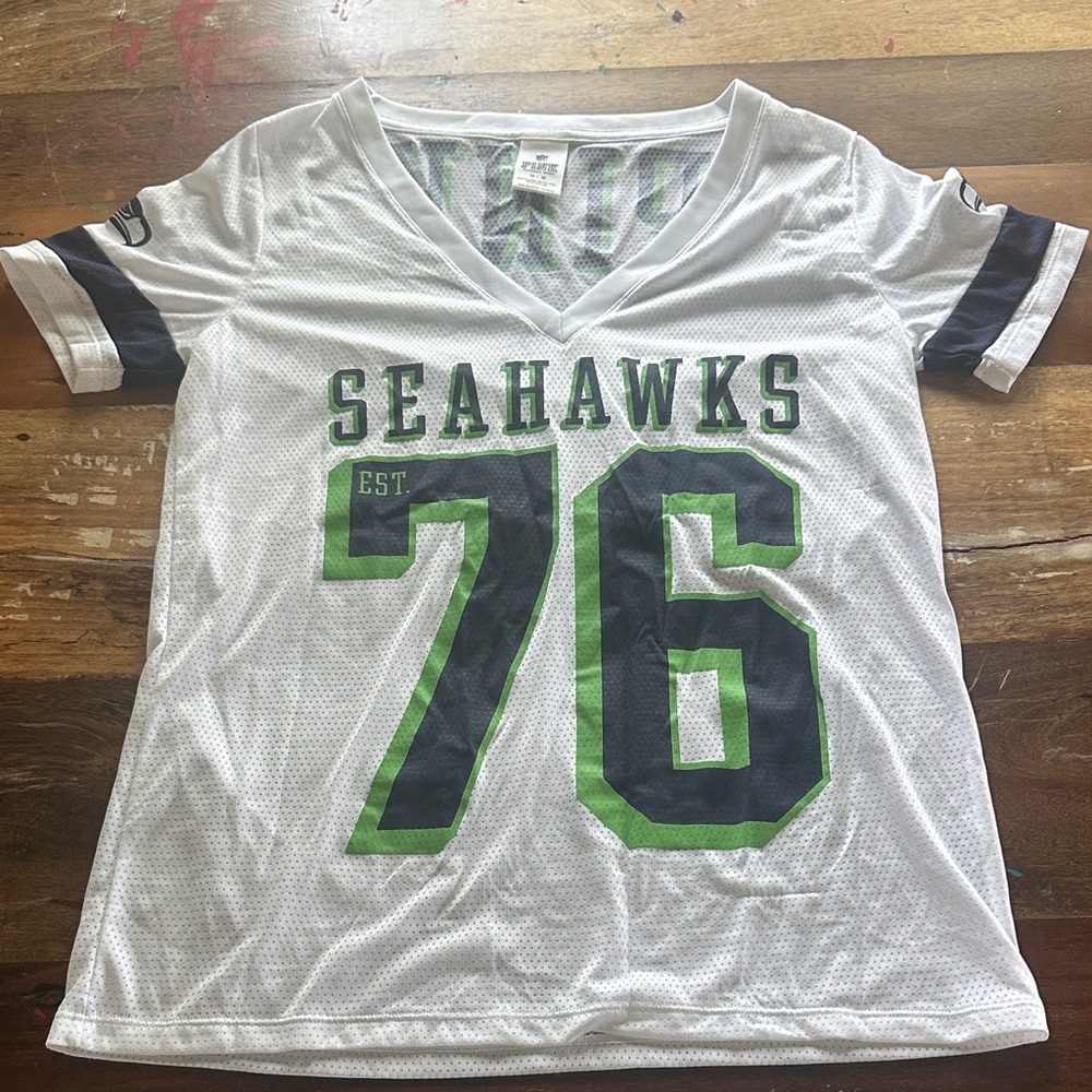 PINK Victoria's Secret White Mesh Jersey with Navy & Lime Graphics